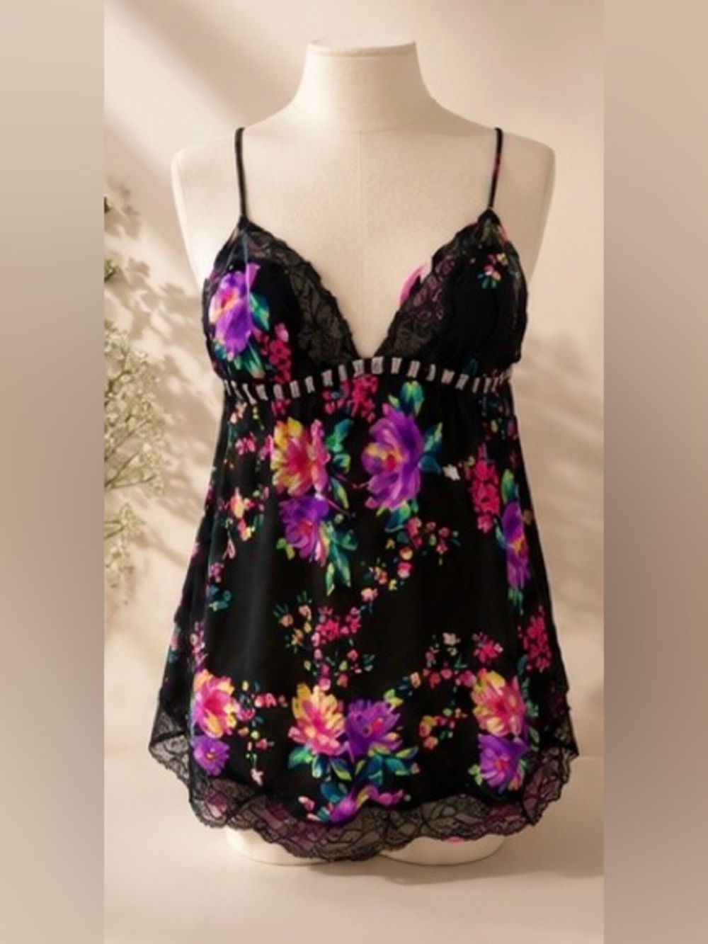 Victoria's Secret Black Floral & Lace Chemise - Black with Purple & Pink Floral